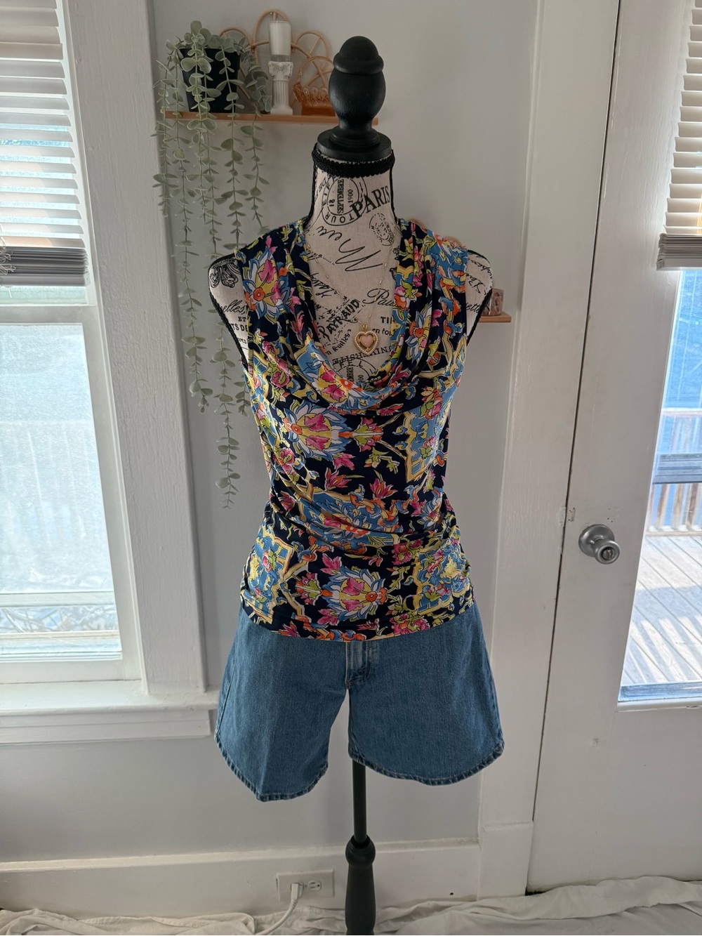 Chaps Navy Floral Cowl Neck Sleeveless Top
